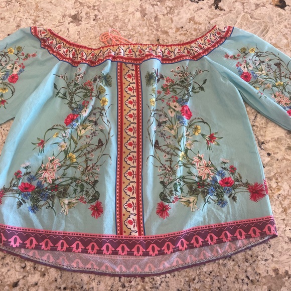 Umgee Women Size M Aqua Floral Peasant Blouse Boho Off the Shoulders Bell Sleeve - Picture 7 of 7